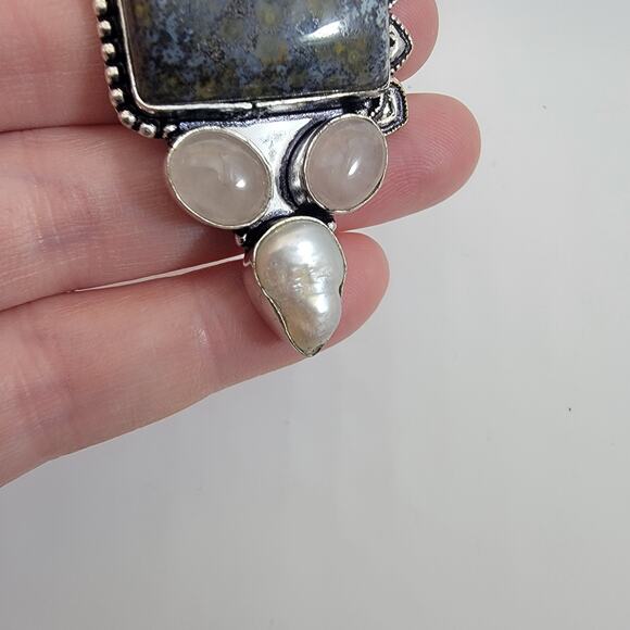 Handmade Silver Pendant with Ocean Jasper, Rose Quartz & Pearl - Picture 5 of 10